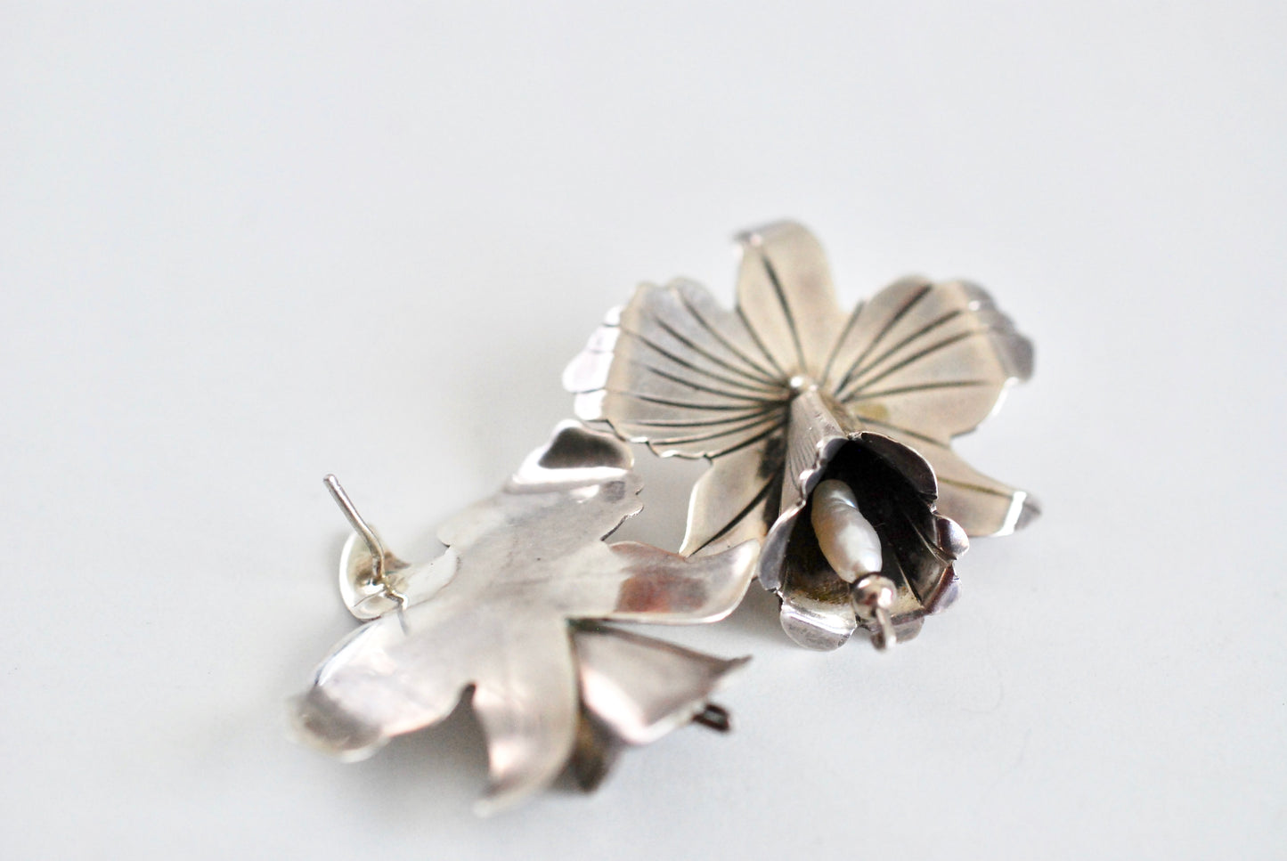 Sterling Silver Orchid Earrings with Baroque Pearls