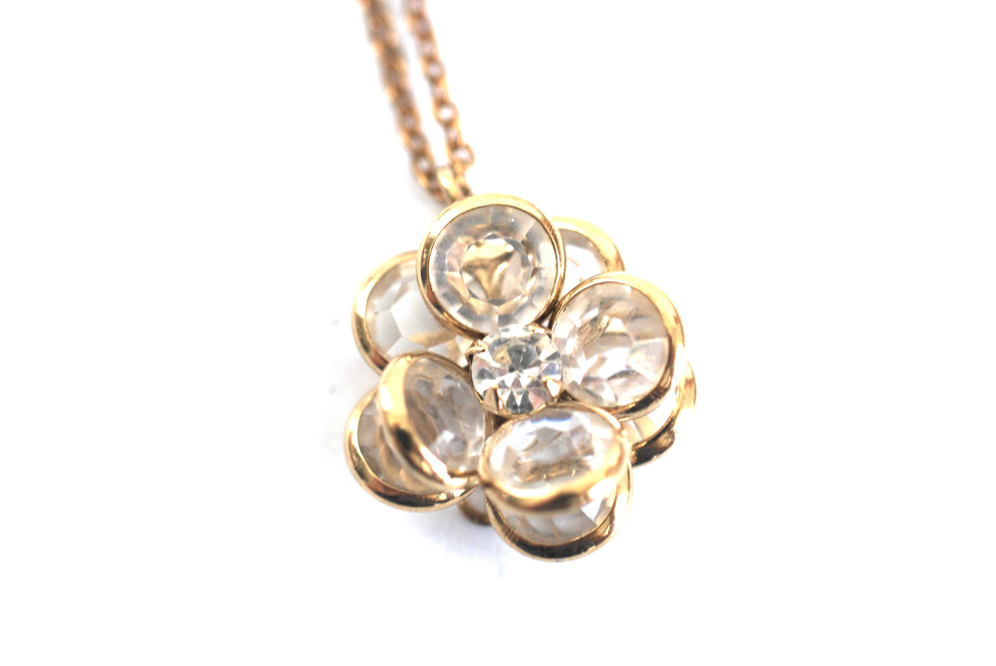 Vintage Crystal Flower Pendant Necklace Gold Plated