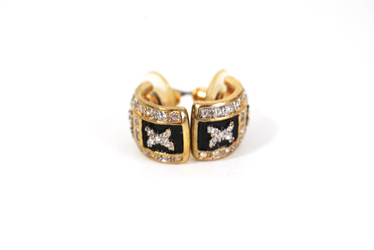 Black Enamel and Gold Tone Ear Huggers Rhinestone Encrusted