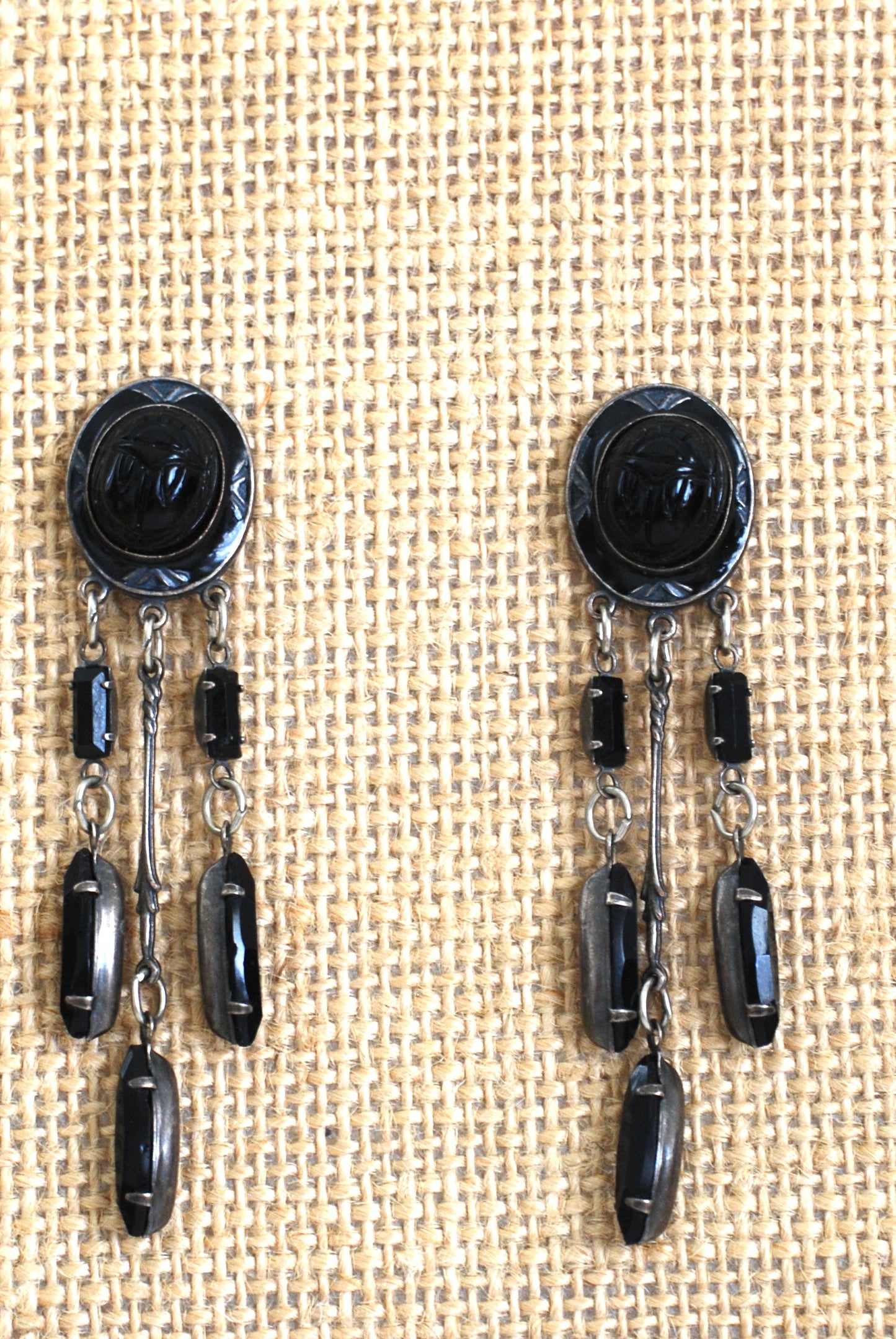 Scarab Earrings with Dangle Beads in Black