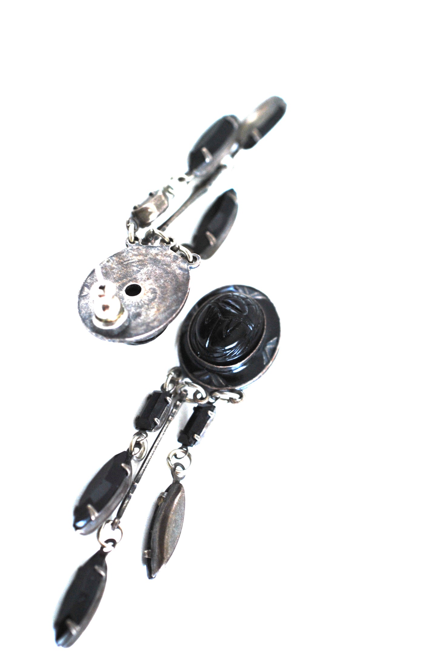 Scarab Earrings with Dangle Beads in Black