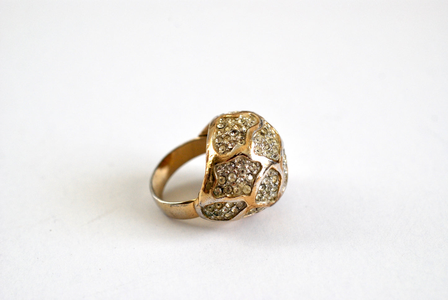 Rhinestone Encrusted Bubble or Dome Cocktail Ring Gold Tone