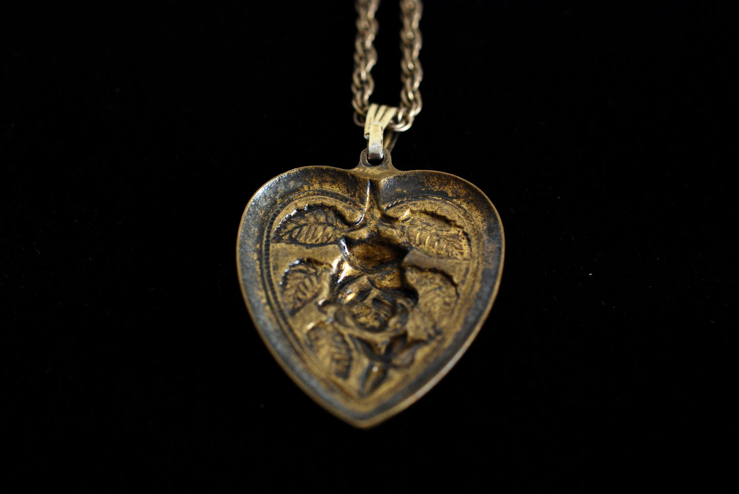 Brass Repousse Heart Pendant on Gold Filled Chain
