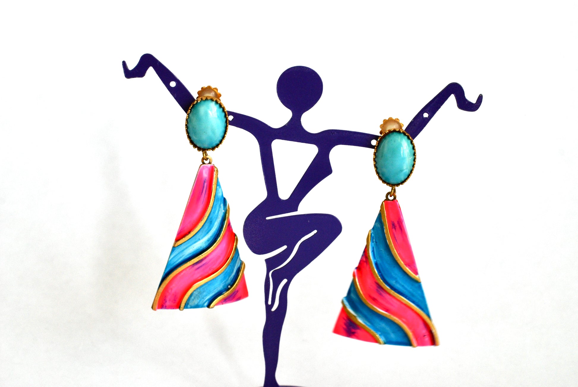 Hot Pink and Sky Blue Vintage Earrings Drop Dangle