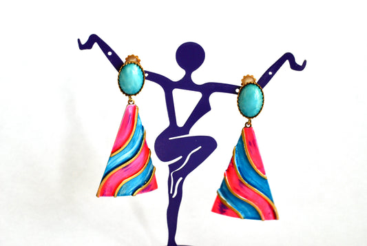 Hot Pink and Sky Blue Vintage Earrings Drop Dangle