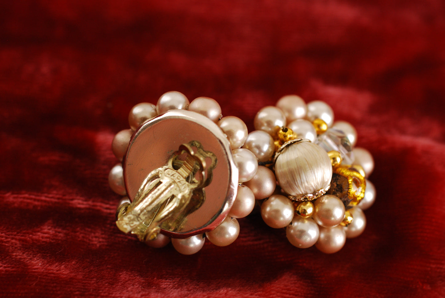 Vintage Cluster Earrings pearls, AB crystals in beige