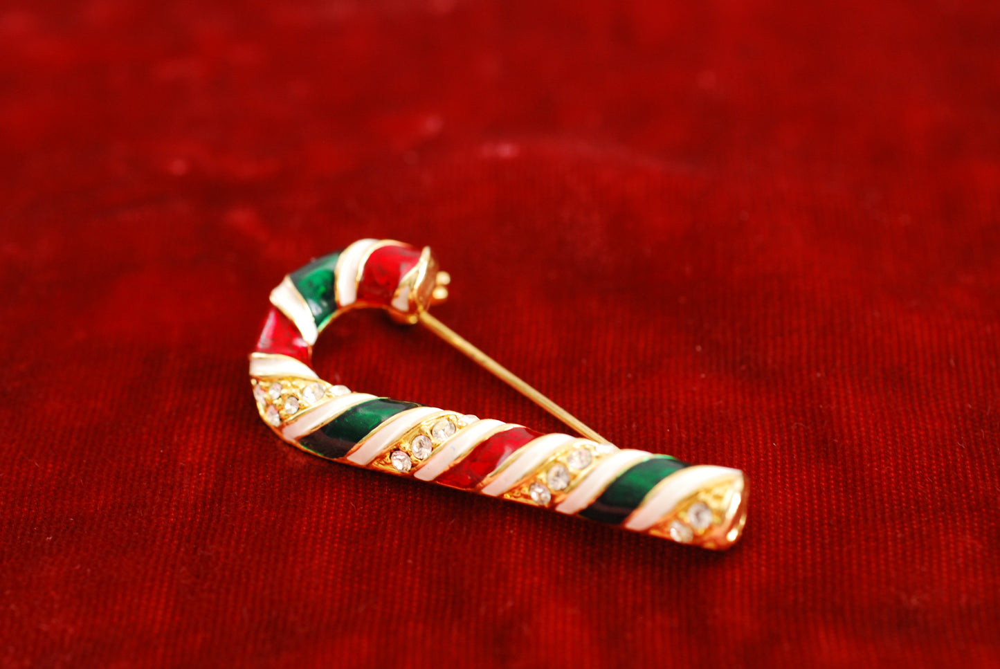 Vintage Candy Cane Brooch Rhinestone Enamel