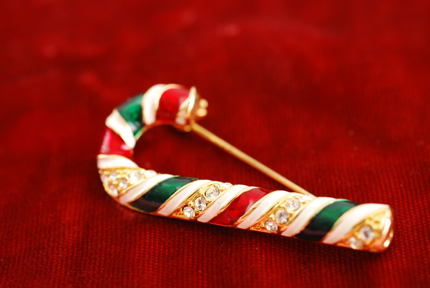 Vintage Candy Cane Brooch Rhinestone Enamel