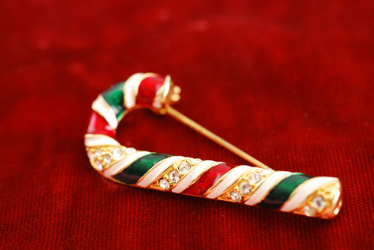 Vintage Candy Cane Brooch Rhinestone Enamel