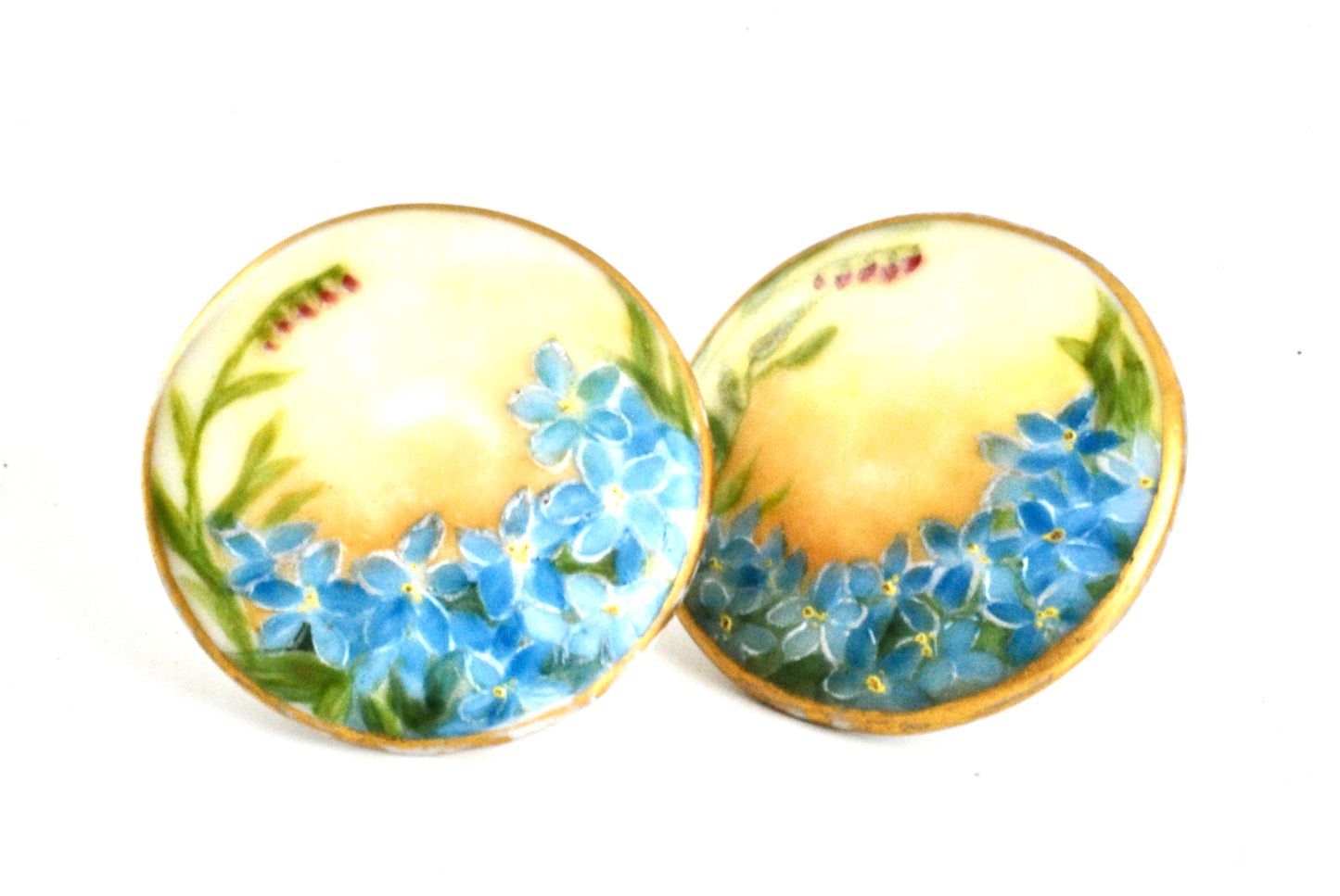 Vintage Porcelain Earrings Hand Painted Forget Me Nots