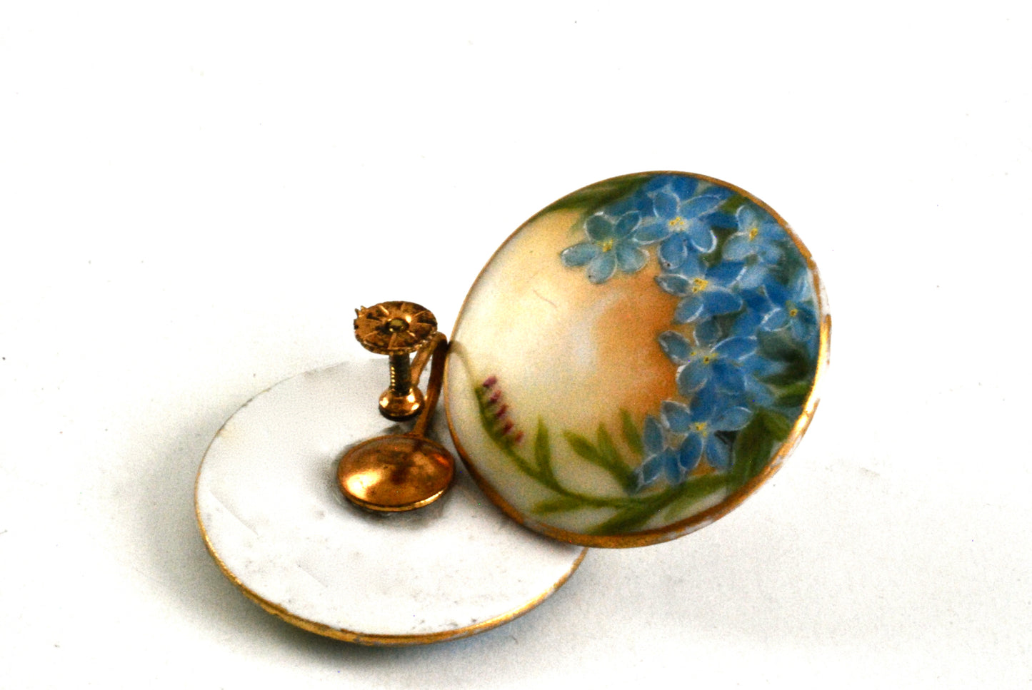 Vintage Porcelain Earrings Hand Painted Forget Me Nots