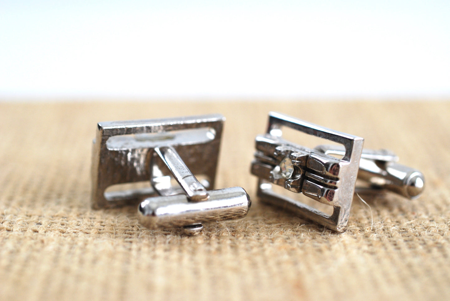 Vintage Silver Tone Cuff Links with Clear Stone Center