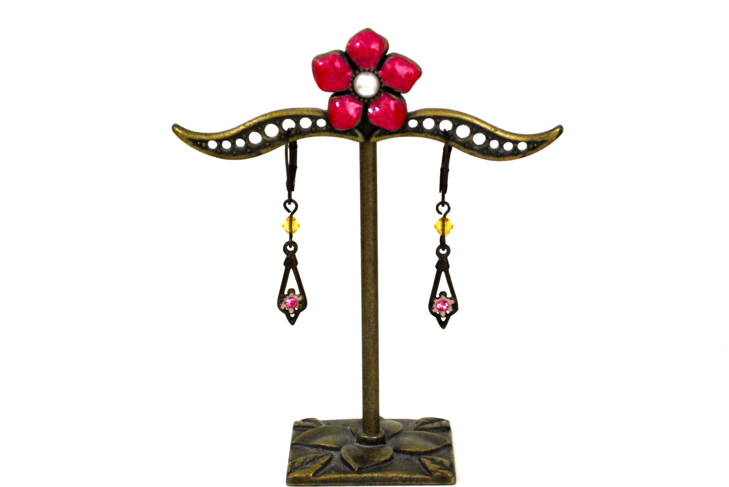 Vintage Bronze Tone Drop Earrings Leverback Ear Wires Pink and Yellow