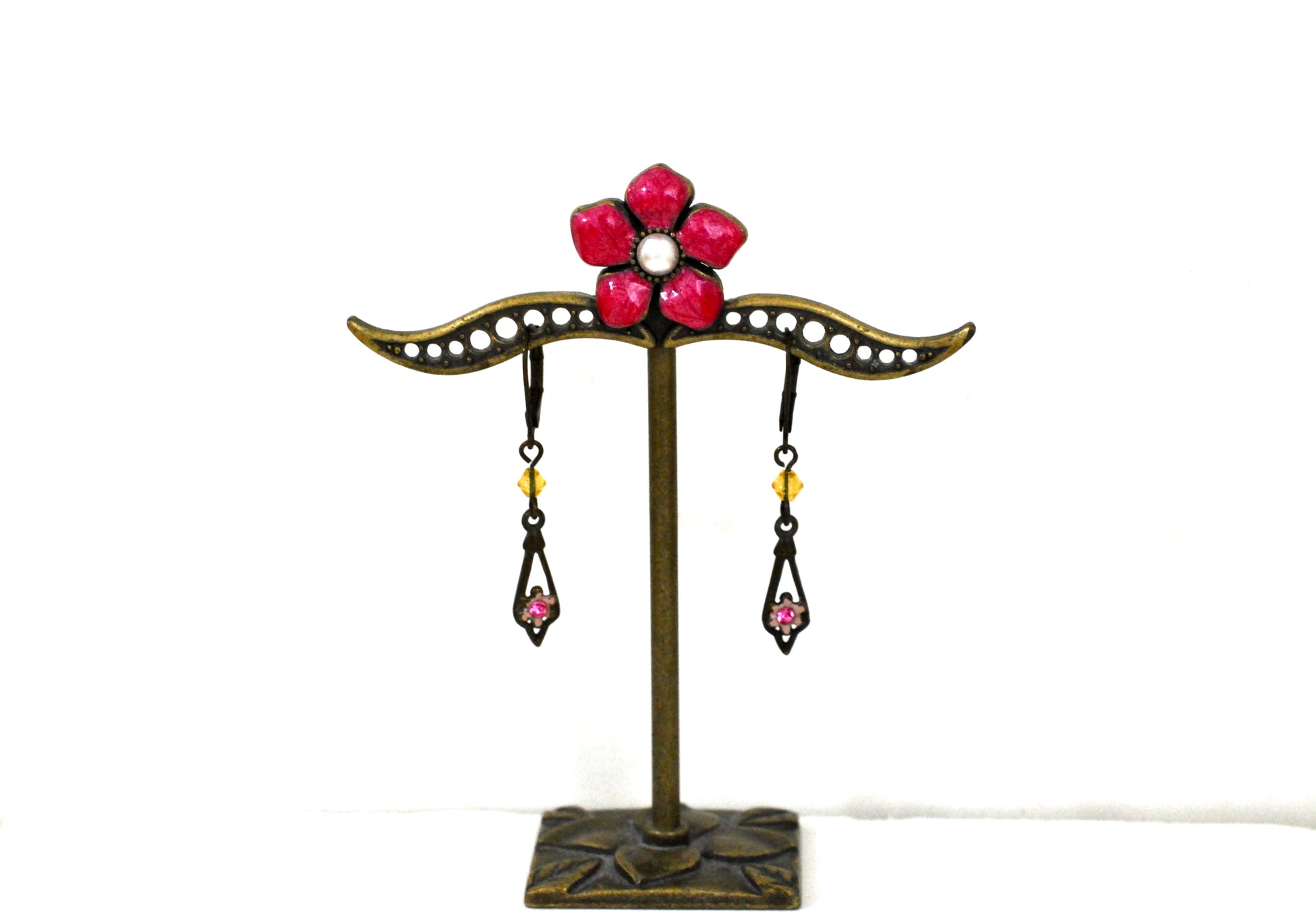 Vintage Bronze Tone Drop Earrings Leverback Ear Wires Pink and Yellow