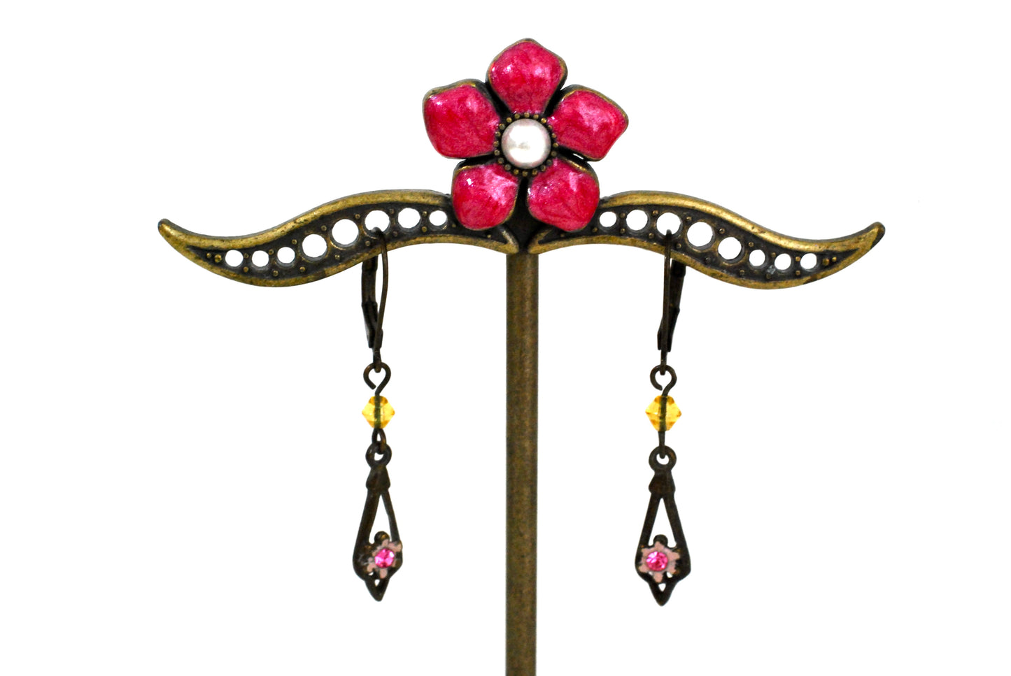 Vintage Bronze Tone Drop Earrings Leverback Ear Wires Pink and Yellow