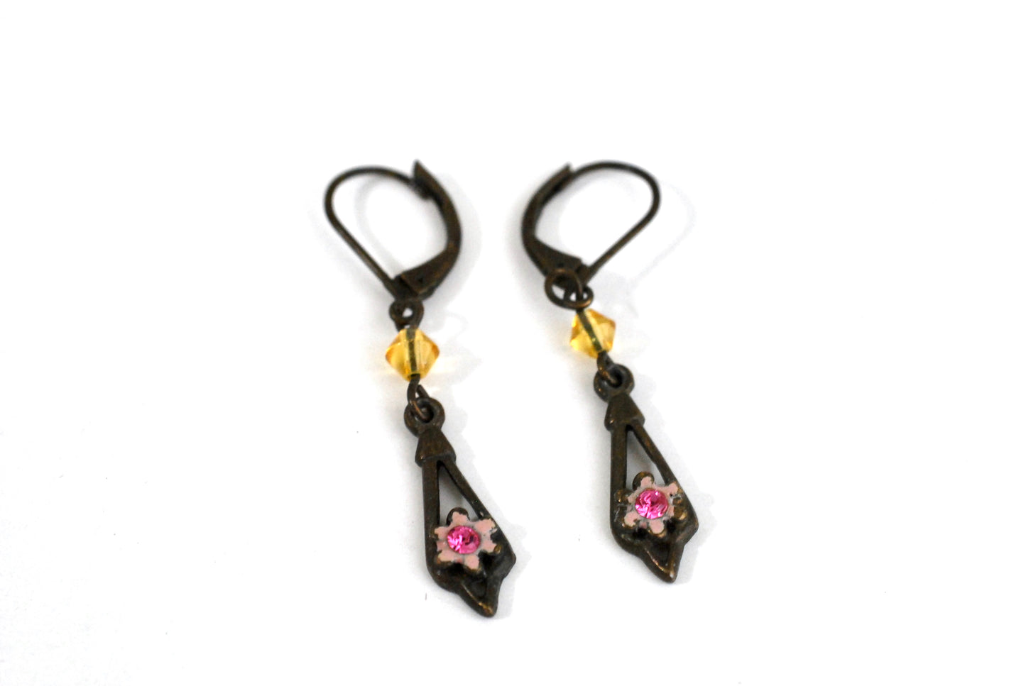 Vintage Bronze Tone Drop Earrings Leverback Ear Wires Pink and Yellow