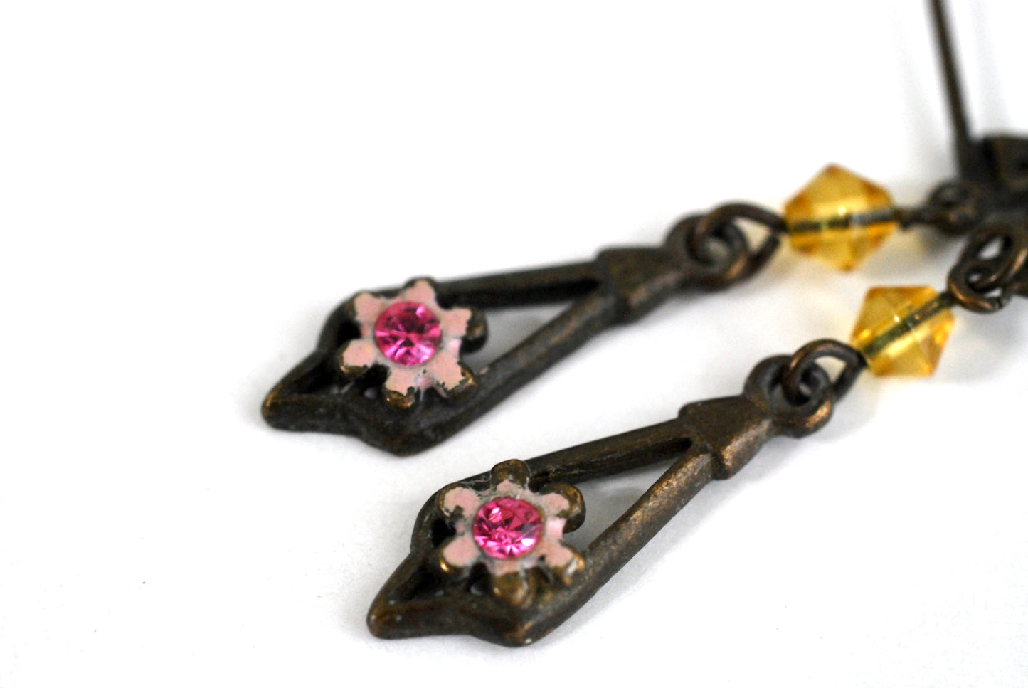 Vintage Bronze Tone Drop Earrings Leverback Ear Wires Pink and Yellow