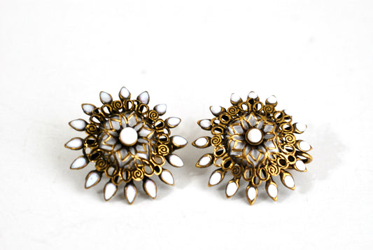 Vintage Earrings Brass Filigree with White Enamel Clip Ons