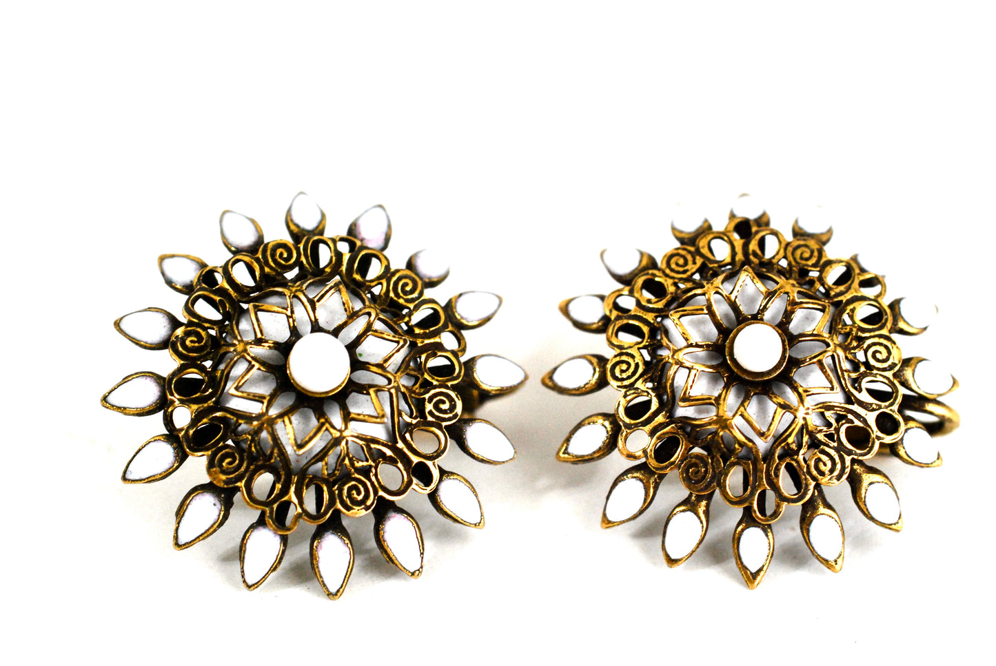 Vintage Earrings Brass Filigree with White Enamel Clip Ons