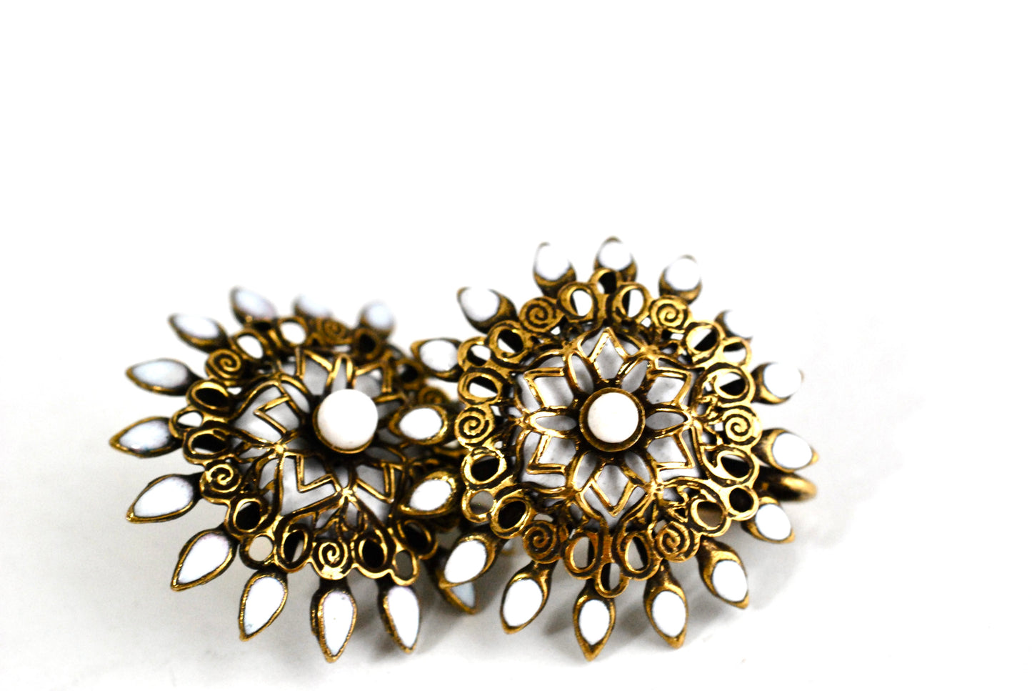 Vintage Earrings Brass Filigree with White Enamel Clip Ons