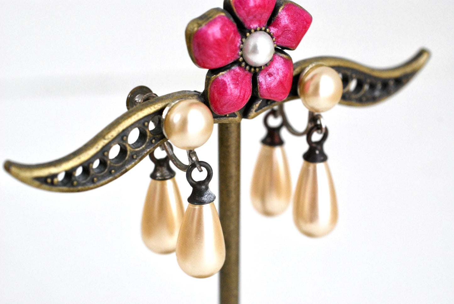 Vintage Teardrop Pearl Earrings Double Drop Screw Backs