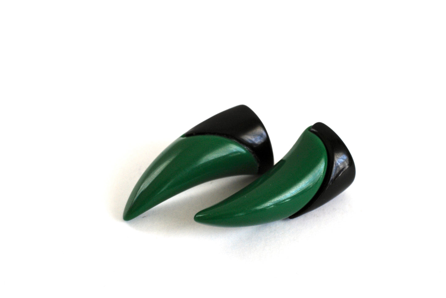 Vintage Green and Black Earrings Horn Shape Pierced