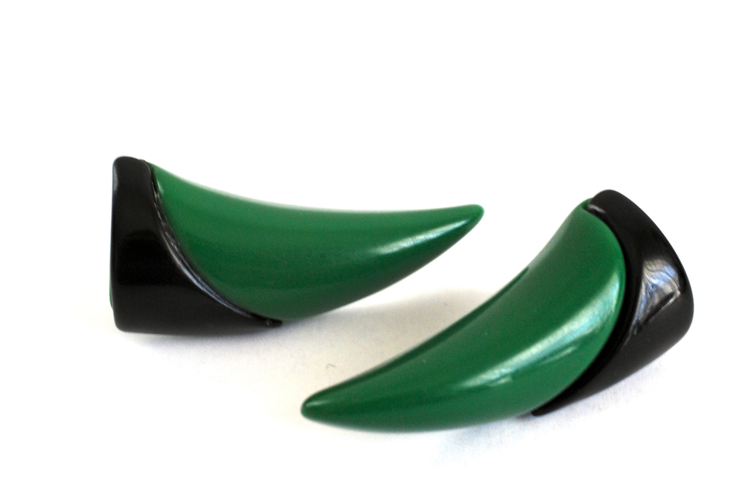 Vintage Green and Black Earrings Horn Shape Pierced