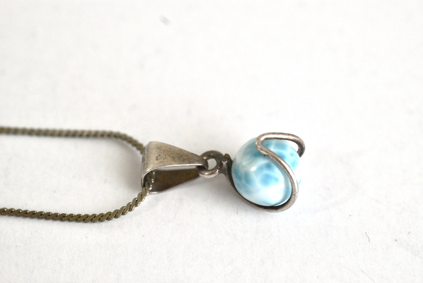 Larimar Ball Pendant in Sterling Silver Setting on Serpentine Chain