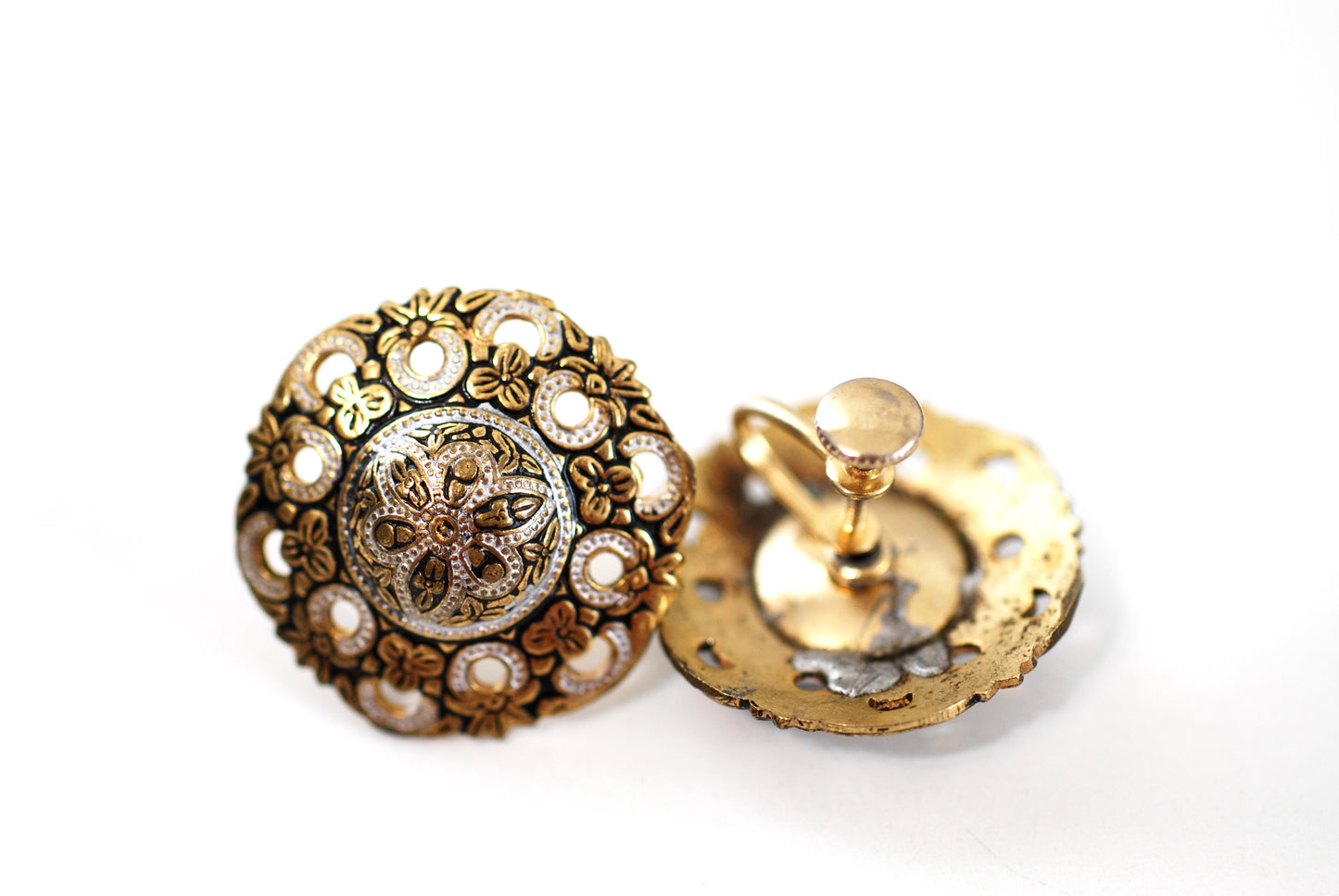 Vintage Faux Toledo Two Tone Earrings Screw Backs