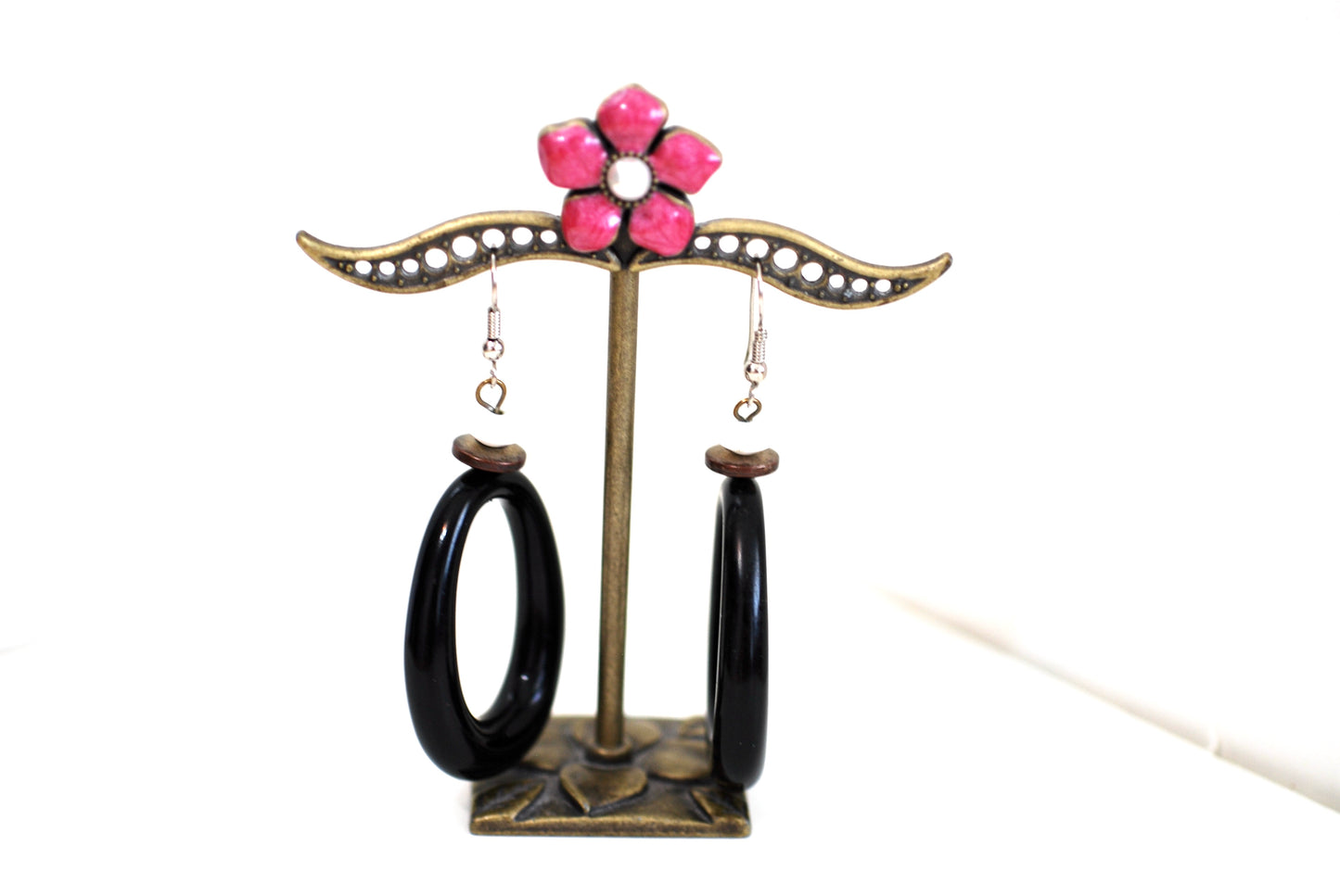 Large Black Oval Dangle Earrings Vintage 1970s