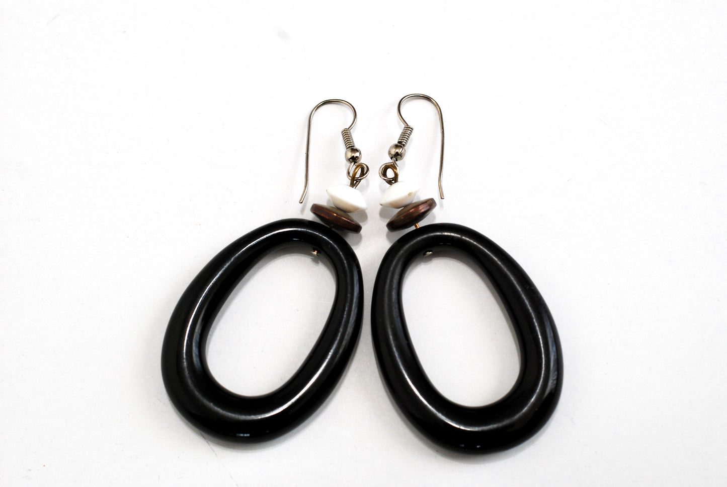 Large Black Oval Dangle Earrings Vintage 1970s