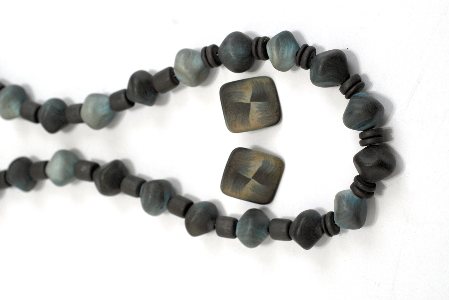 Vintage 90's Handmade Polymer Clay Necklace and Earrings Set Blue/Grey