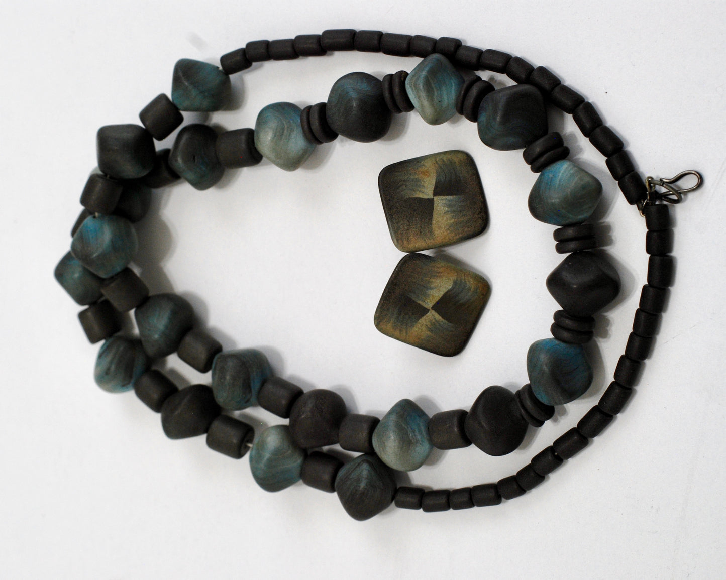 Vintage 90's Handmade Polymer Clay Necklace and Earrings Set Blue/Grey