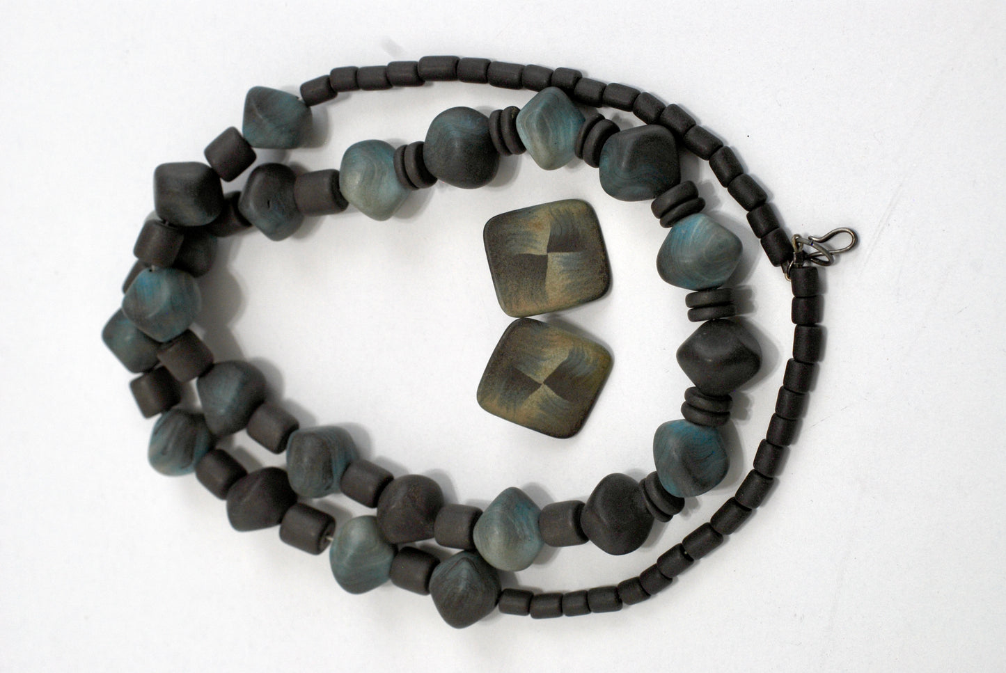 Vintage 90's Handmade Polymer Clay Necklace and Earrings Set Blue/Grey