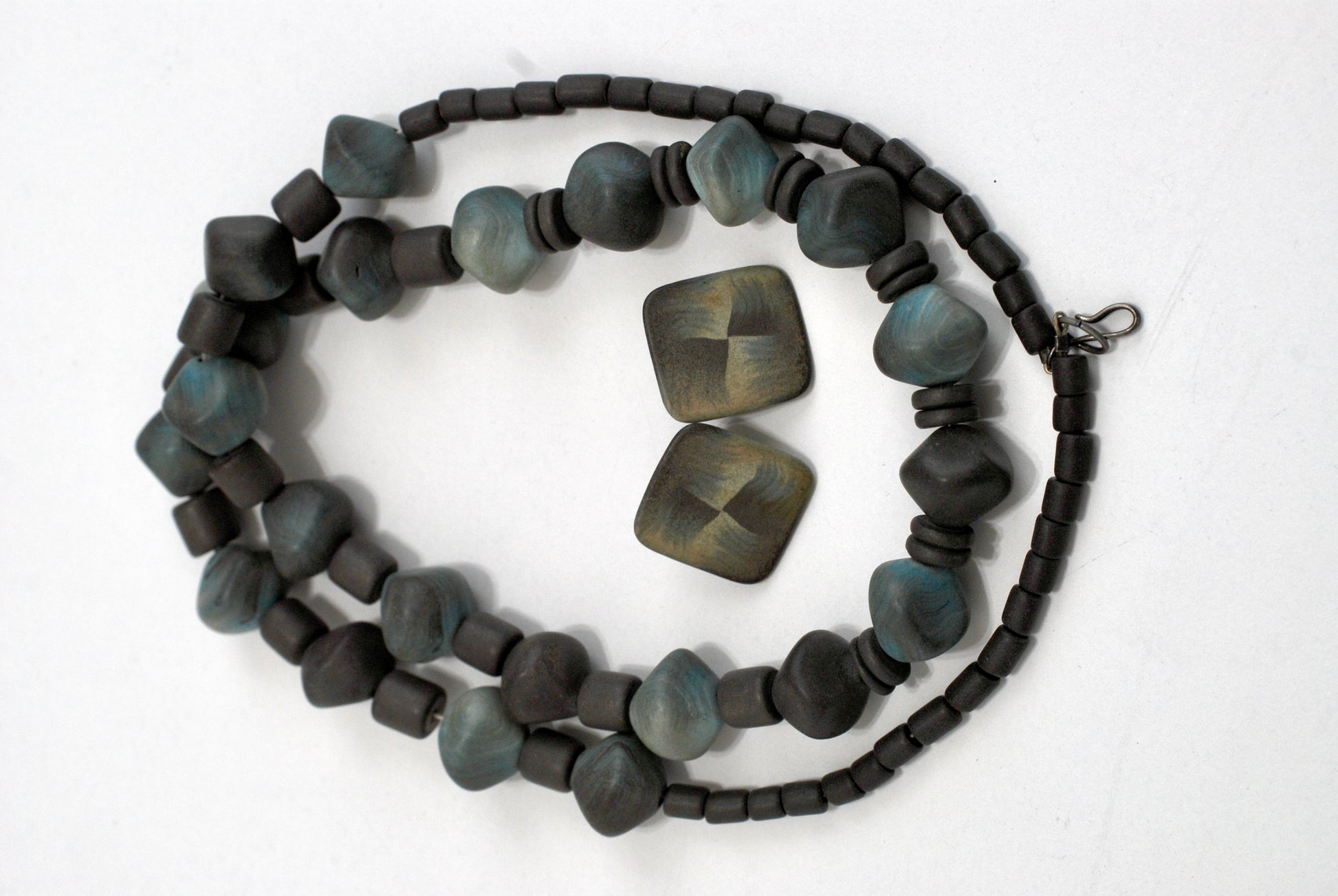 Vintage 90's Handmade Polymer Clay Necklace and Earrings Set Blue/Grey