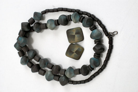 Vintage 90's Handmade Polymer Clay Necklace and Earrings Set Blue/Grey