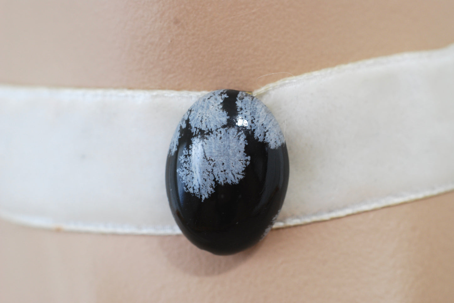 Victorian Era White Velvet Choker with Snowflake Obsidian