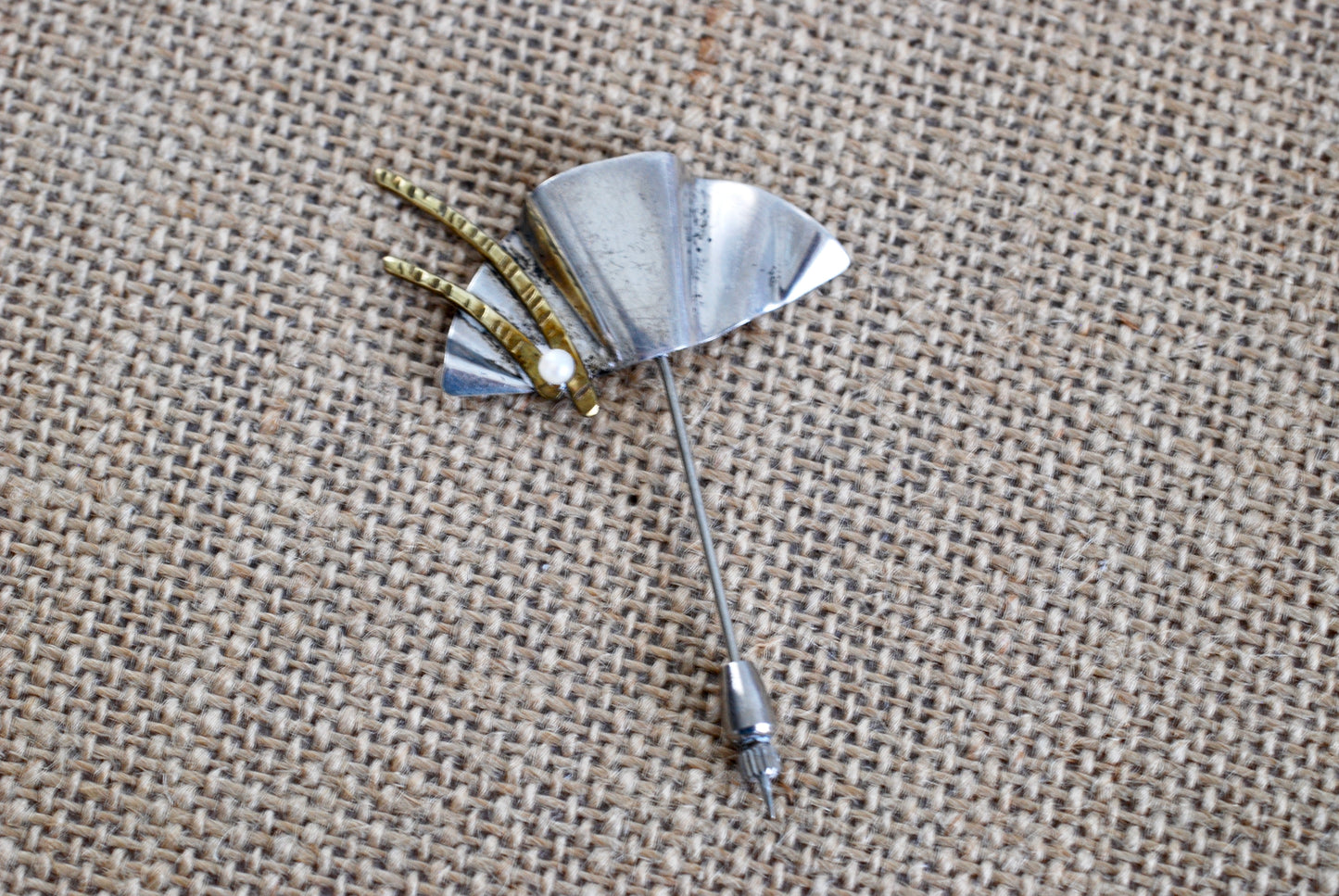 Antique Sterling Silver Stick Pin Fan Shape with Tiny Pearl