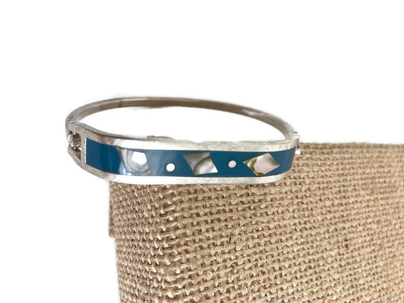 Turquoise and Abalone Alpaca Bracelet Hinged Oval