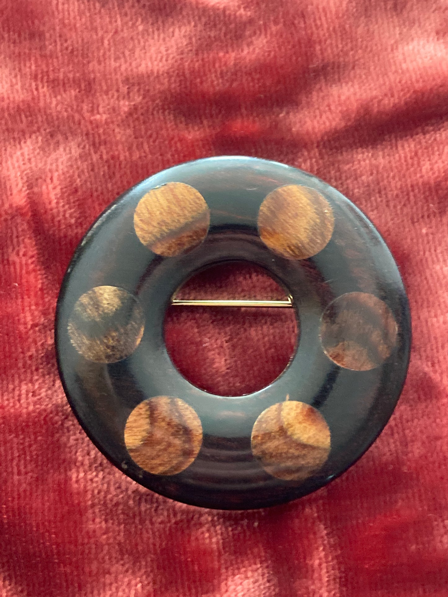 Inlaid Wood Circle Brooch