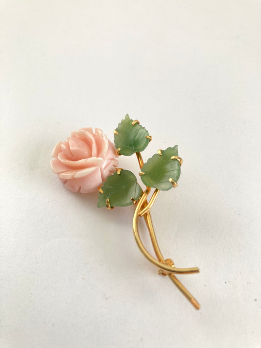Faux Coral and Jade Rose Brooch