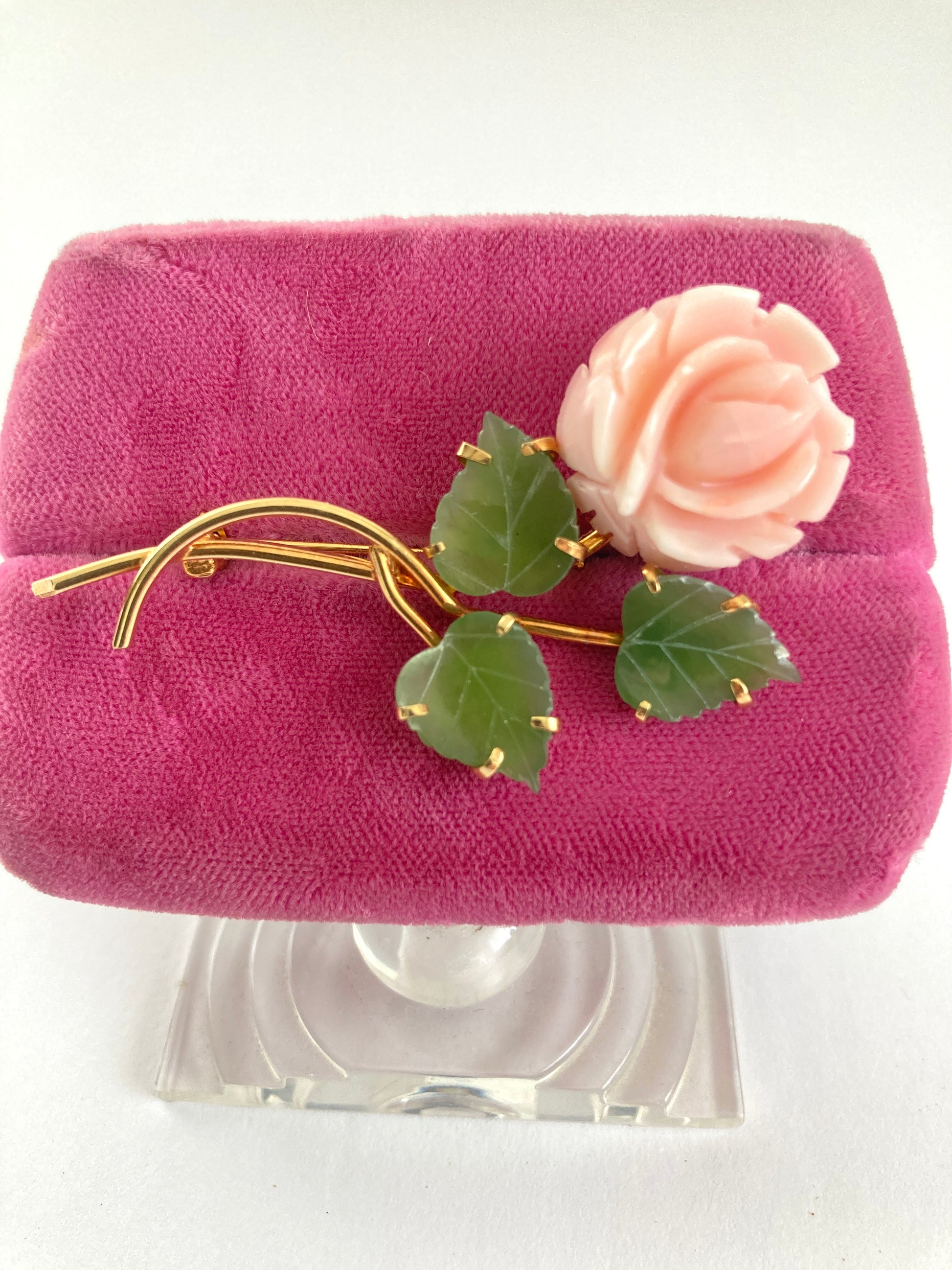 Faux Coral and Jade Rose Brooch
