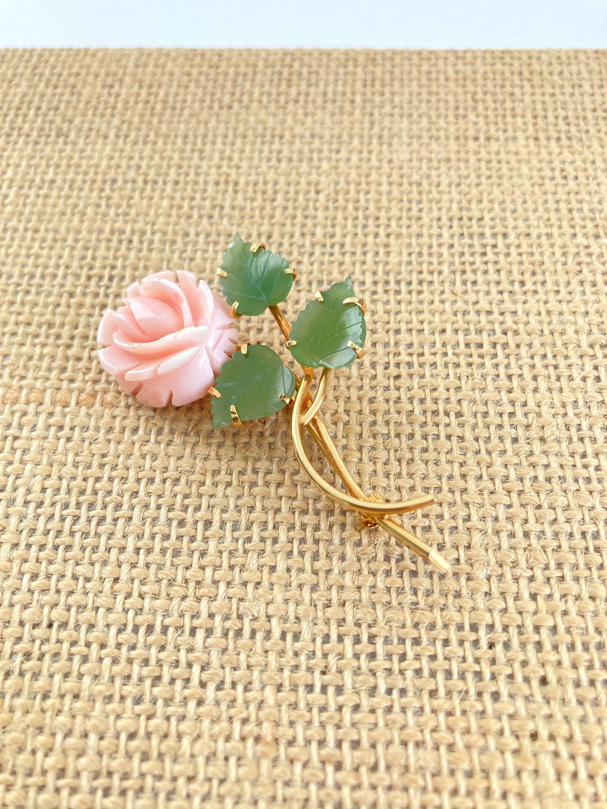 Faux Coral and Jade Rose Brooch