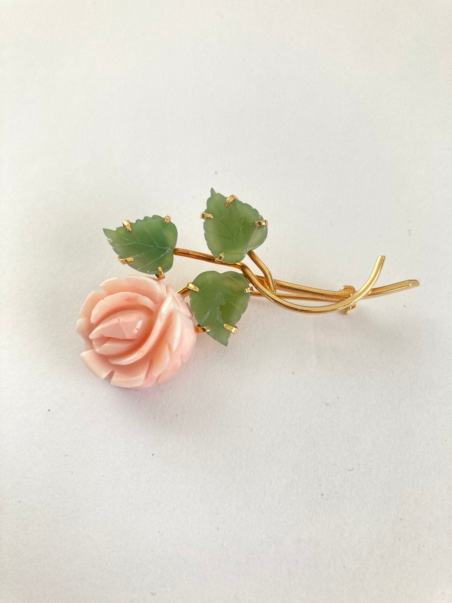 Faux Coral and Jade Rose Brooch