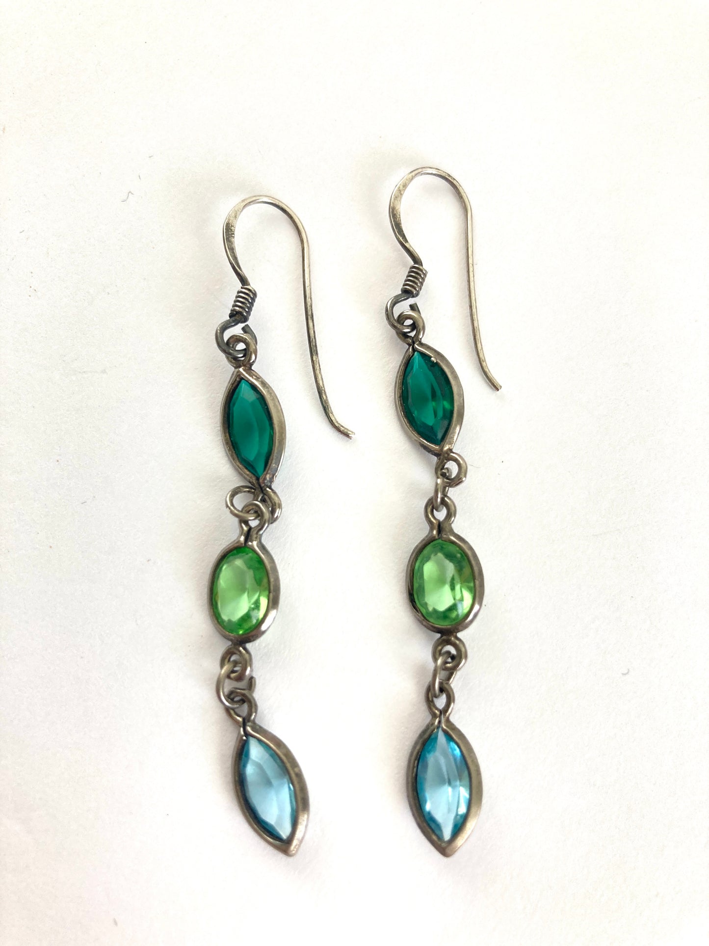 Sterling Silver Green and Blue Three Stone Dangle Earrings