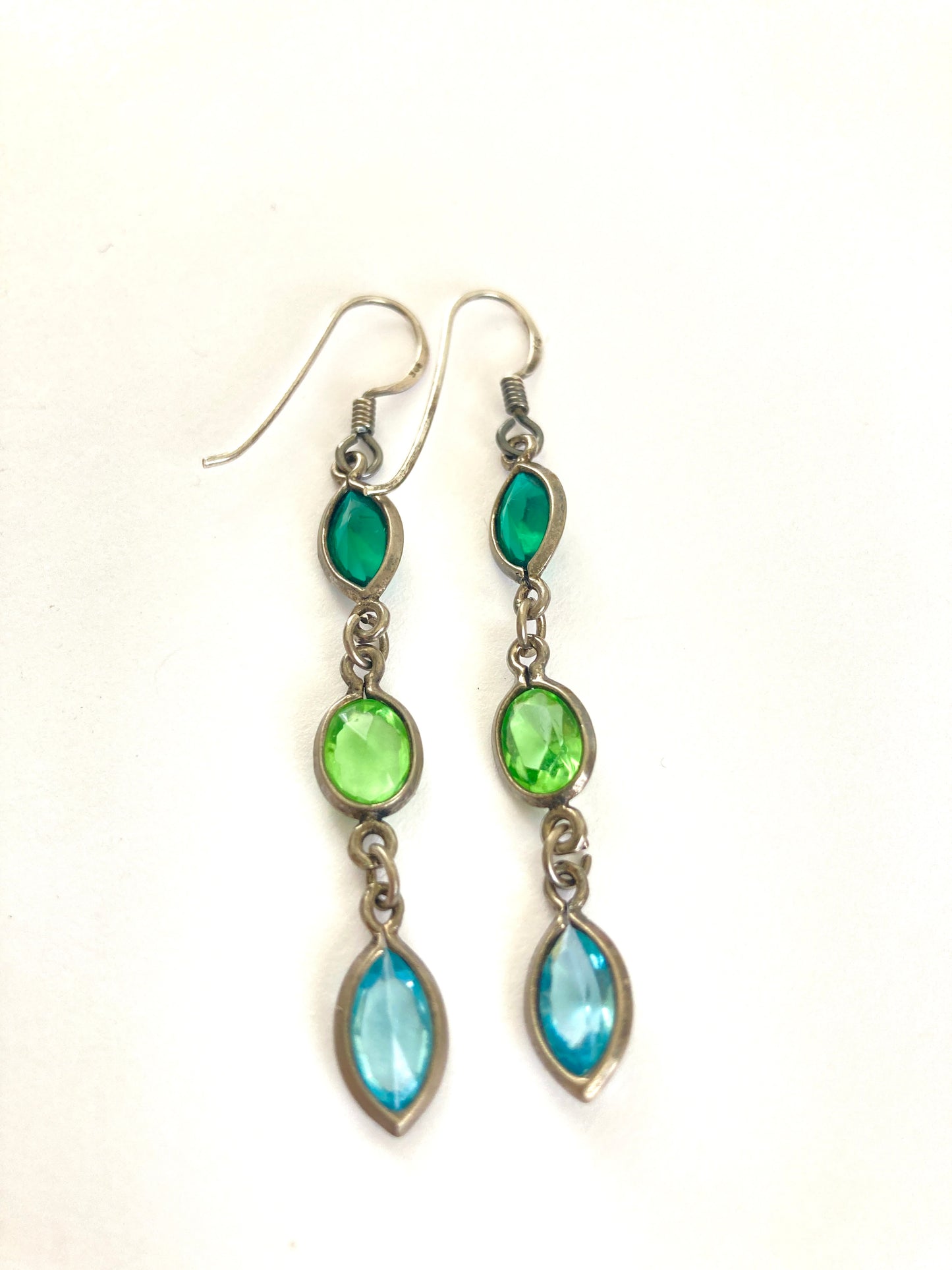 Sterling Silver Green and Blue Three Stone Dangle Earrings