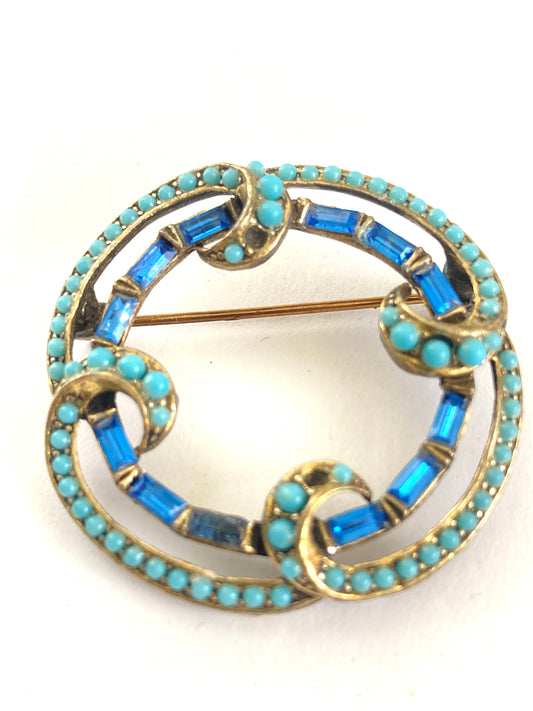 Art Deco Style Circle Brooch in Blue