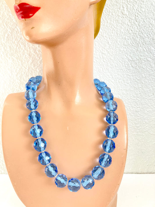 Blue Czech Glass Art Deco Beaded Choker Length Necklace