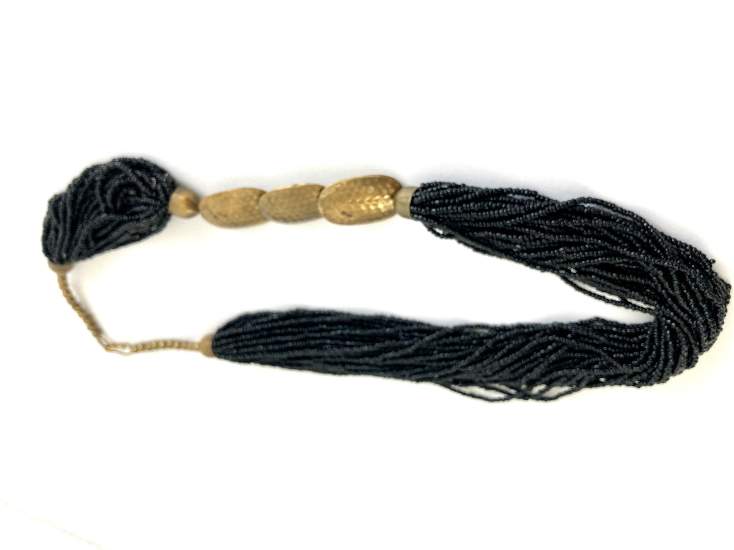 Black Multi-Strand Seed Bead Necklace w/Chunky Brass Accents