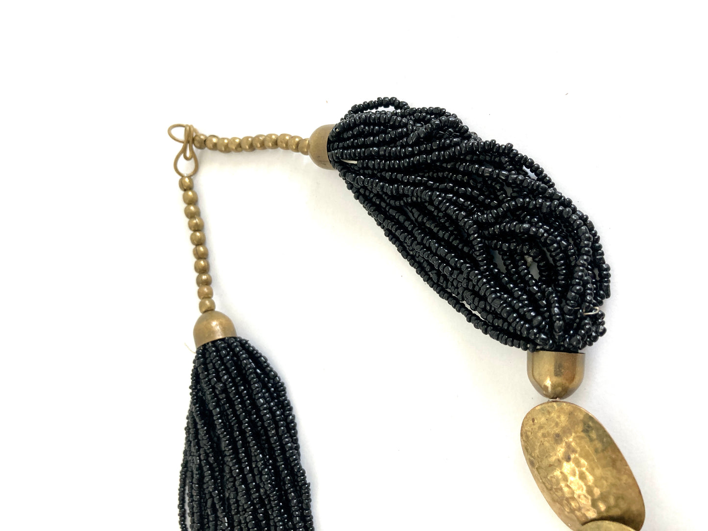 Black Multi-Strand Seed Bead Necklace w/Chunky Brass Accents